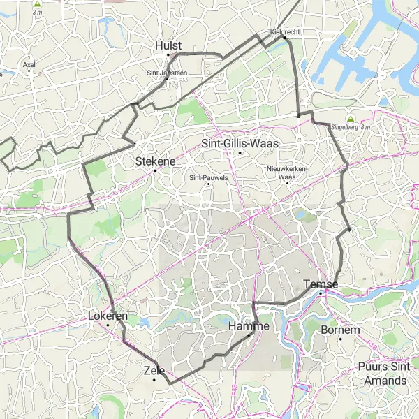 Karten-Miniaturansicht der Radinspiration "Straßenroutenabenteuer rund um Kieldrecht" in Prov. Oost-Vlaanderen, Belgium. Erstellt vom Tarmacs.app-Routenplaner für Radtouren