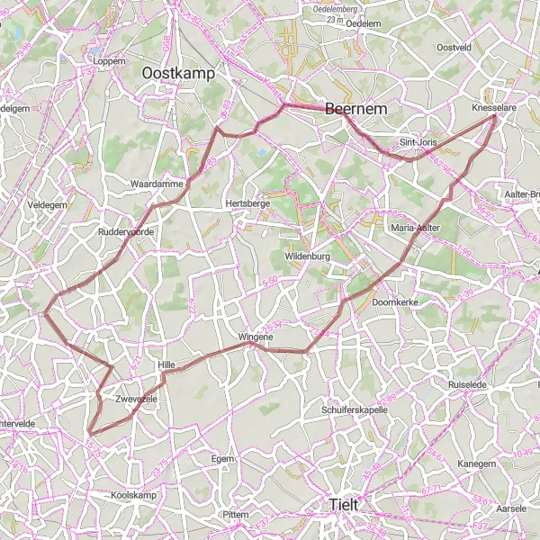 Miniatuurkaart van de fietsinspiratie "Graveltocht van Knesselare naar Sint-Joris" in Prov. Oost-Vlaanderen, Belgium. Gemaakt door de Tarmacs.app fietsrouteplanner