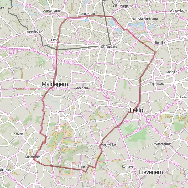 Miniatuurkaart van de fietsinspiratie "Gravelroute rond Knesselare" in Prov. Oost-Vlaanderen, Belgium. Gemaakt door de Tarmacs.app fietsrouteplanner