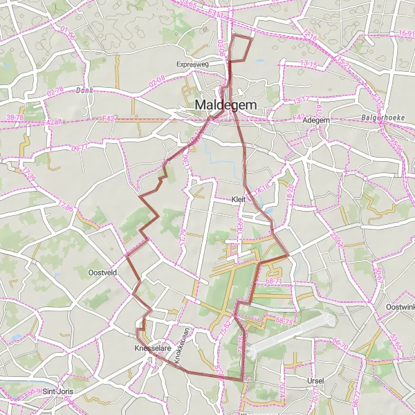 Miniatuurkaart van de fietsinspiratie "Gravelroute rond Knesselare en omgeving" in Prov. Oost-Vlaanderen, Belgium. Gemaakt door de Tarmacs.app fietsrouteplanner