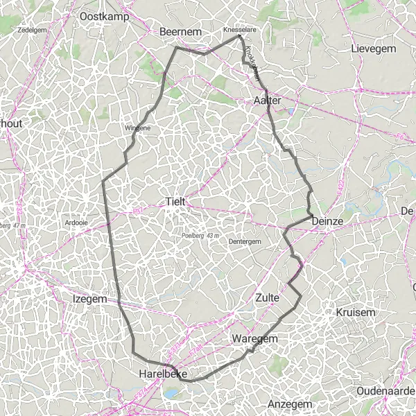 Map miniature of "Journey through Flanders" cycling inspiration in Prov. Oost-Vlaanderen, Belgium. Generated by Tarmacs.app cycling route planner