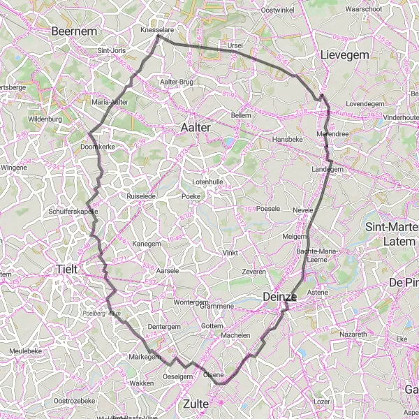 Map miniature of "The Rural Escape" cycling inspiration in Prov. Oost-Vlaanderen, Belgium. Generated by Tarmacs.app cycling route planner