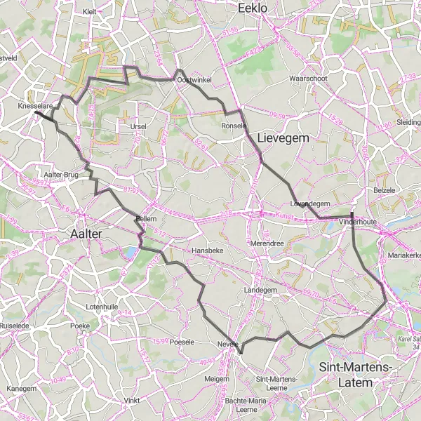 Miniature de la carte de l'inspiration cycliste "Parcours routier à travers la campagne près de Knesselare" dans la Prov. Oost-Vlaanderen, Belgium. Générée par le planificateur d'itinéraire cycliste Tarmacs.app