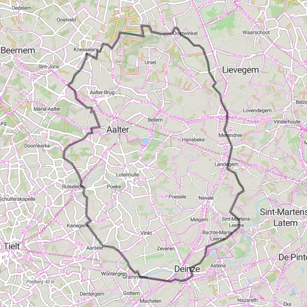 Miniature de la carte de l'inspiration cycliste "Parcours routier à partir de Knesselare vers Deinze" dans la Prov. Oost-Vlaanderen, Belgium. Générée par le planificateur d'itinéraire cycliste Tarmacs.app