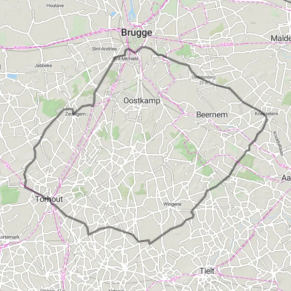 Miniature de la carte de l'inspiration cycliste "Parcours routier à partir de Knesselare" dans la Prov. Oost-Vlaanderen, Belgium. Générée par le planificateur d'itinéraire cycliste Tarmacs.app