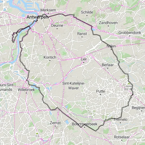 Miniature de la carte de l'inspiration cycliste "Antwerp to Mechelen Cycling Tour" dans la Prov. Oost-Vlaanderen, Belgium. Générée par le planificateur d'itinéraire cycliste Tarmacs.app