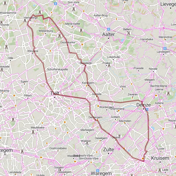 Miniatuurkaart van de fietsinspiratie "Historische Dorpen en Natuurlijke Schoonheid" in Prov. Oost-Vlaanderen, Belgium. Gemaakt door de Tarmacs.app fietsrouteplanner