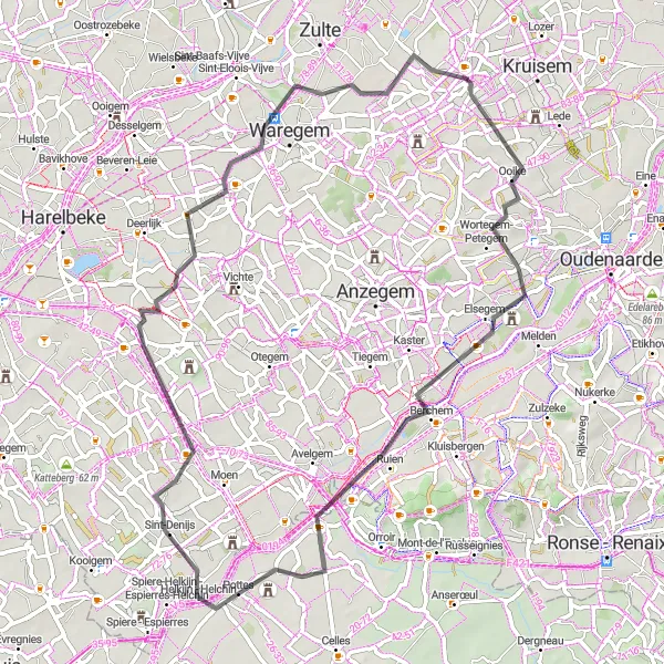 Miniature de la carte de l'inspiration cycliste "Parcours pittoresque vers Waregem" dans la Prov. Oost-Vlaanderen, Belgium. Générée par le planificateur d'itinéraire cycliste Tarmacs.app