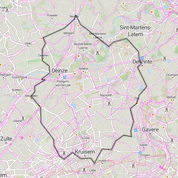 Miniatuurkaart van de fietsinspiratie "Machelen Naar Kruishoutem Road Trip" in Prov. Oost-Vlaanderen, Belgium. Gemaakt door de Tarmacs.app fietsrouteplanner