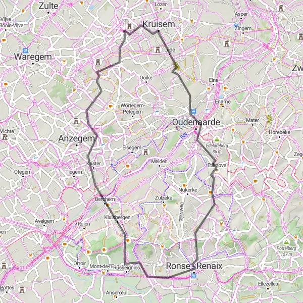 Map miniature of "Road Cycling Tour: Kruishoutem to Oudenaarde" cycling inspiration in Prov. Oost-Vlaanderen, Belgium. Generated by Tarmacs.app cycling route planner