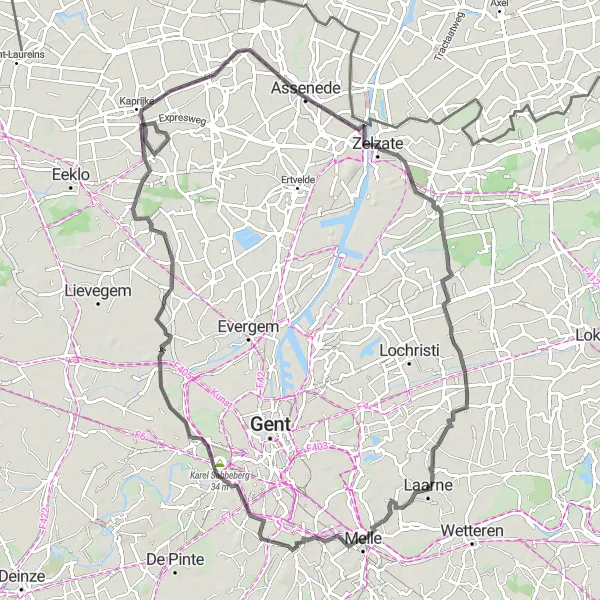 Miniatuurkaart van de fietsinspiratie "Wegroute door Melle en Zelzate" in Prov. Oost-Vlaanderen, Belgium. Gemaakt door de Tarmacs.app fietsrouteplanner