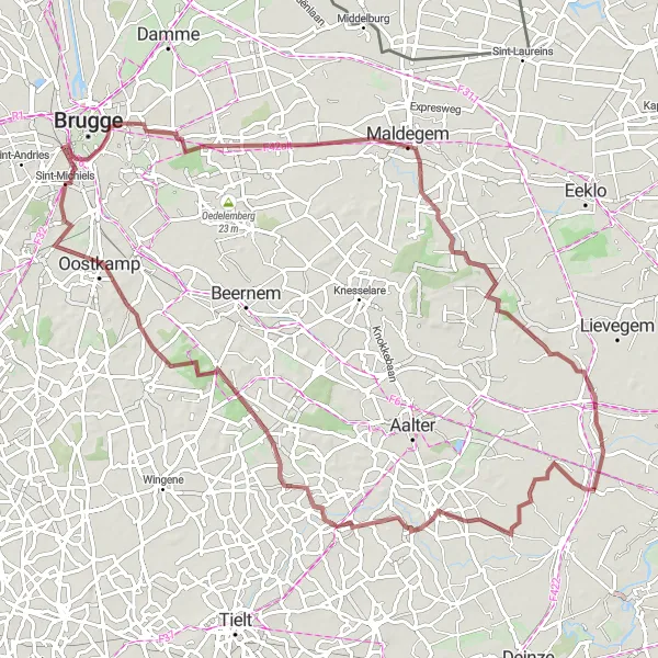 Miniatuurkaart van de fietsinspiratie "Gravelroute van Landegem naar Ruiselede en Merendree" in Prov. Oost-Vlaanderen, Belgium. Gemaakt door de Tarmacs.app fietsrouteplanner
