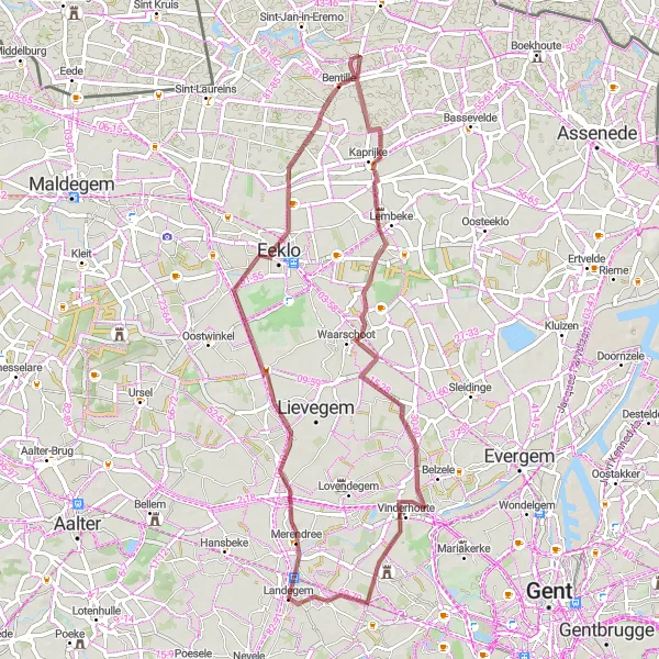 Map miniature of "Landegem Gravel Loop" cycling inspiration in Prov. Oost-Vlaanderen, Belgium. Generated by Tarmacs.app cycling route planner