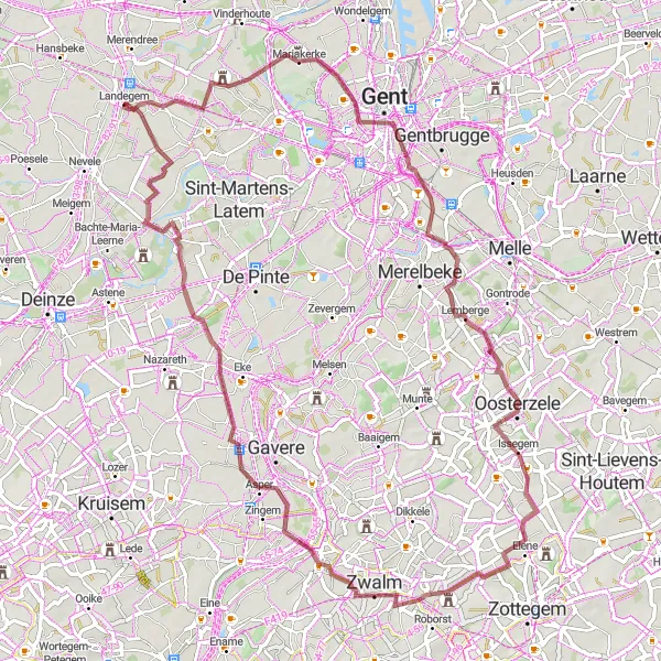 Miniature de la carte de l'inspiration cycliste "Parcours de 74 km à vélo gravel près de Landegem" dans la Prov. Oost-Vlaanderen, Belgium. Générée par le planificateur d'itinéraire cycliste Tarmacs.app