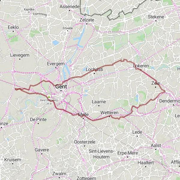 Miniatuurkaart van de fietsinspiratie "Gravelroute Landegem: Natuur en Geschiedenis" in Prov. Oost-Vlaanderen, Belgium. Gemaakt door de Tarmacs.app fietsrouteplanner