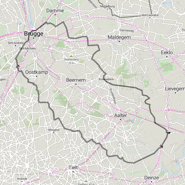 Miniatuurkaart van de fietsinspiratie "Roadroute door Ruiselede en Loppem" in Prov. Oost-Vlaanderen, Belgium. Gemaakt door de Tarmacs.app fietsrouteplanner