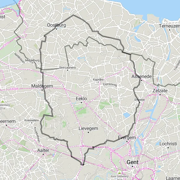 Map miniature of "Scenic Route" cycling inspiration in Prov. Oost-Vlaanderen, Belgium. Generated by Tarmacs.app cycling route planner