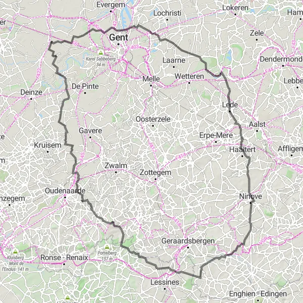 Map miniature of "Challenging Adventure" cycling inspiration in Prov. Oost-Vlaanderen, Belgium. Generated by Tarmacs.app cycling route planner