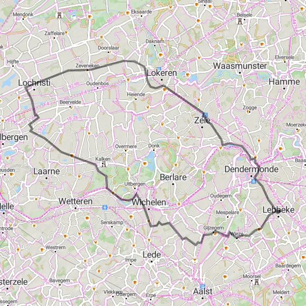 Map miniature of "The Wieze-Lochristi Loop" cycling inspiration in Prov. Oost-Vlaanderen, Belgium. Generated by Tarmacs.app cycling route planner