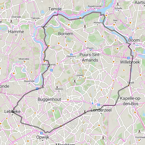 Map miniature of "The Cultural Road Trip" cycling inspiration in Prov. Oost-Vlaanderen, Belgium. Generated by Tarmacs.app cycling route planner