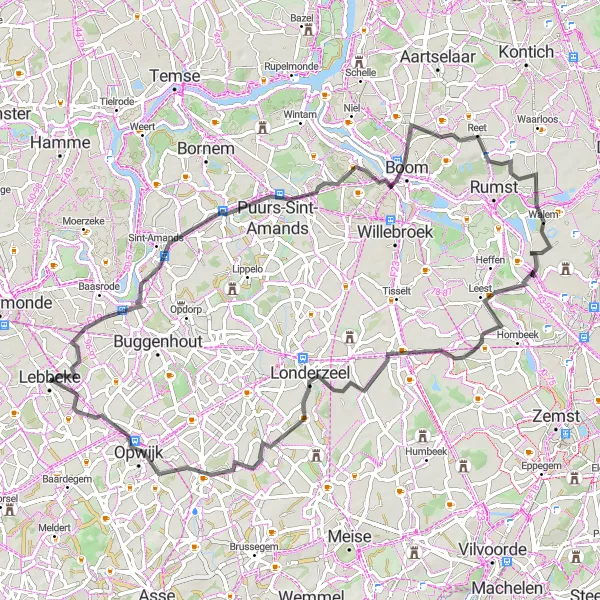 Map miniature of "The Puurs-Kapelle-op-den-Bos Ride" cycling inspiration in Prov. Oost-Vlaanderen, Belgium. Generated by Tarmacs.app cycling route planner