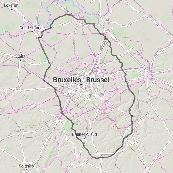 Map miniature of "The Puurs-Ottignies Adventure" cycling inspiration in Prov. Oost-Vlaanderen, Belgium. Generated by Tarmacs.app cycling route planner