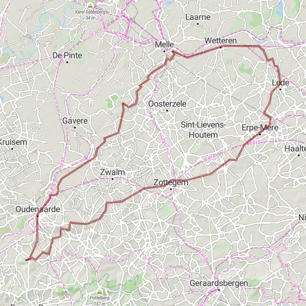 Miniatuurkaart van de fietsinspiratie "Lede - Bambrugge - Oudenaarde - De Speelbos - Lede" in Prov. Oost-Vlaanderen, Belgium. Gemaakt door de Tarmacs.app fietsrouteplanner