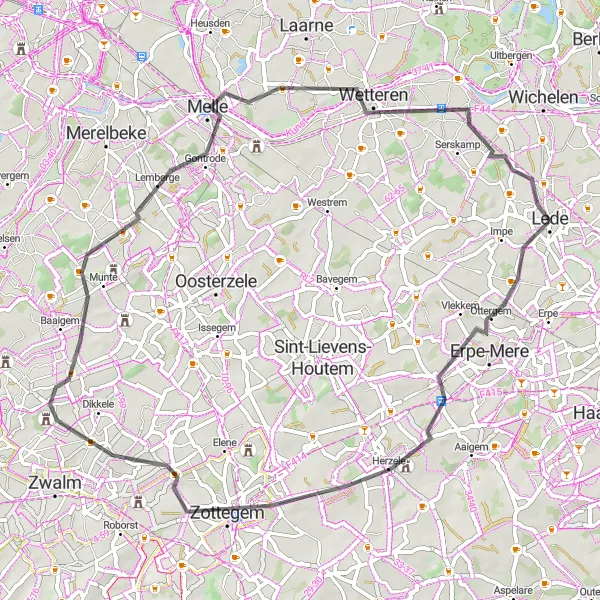 Miniatuurkaart van de fietsinspiratie "Wegroute door Zottegem en Wetteren" in Prov. Oost-Vlaanderen, Belgium. Gemaakt door de Tarmacs.app fietsrouteplanner