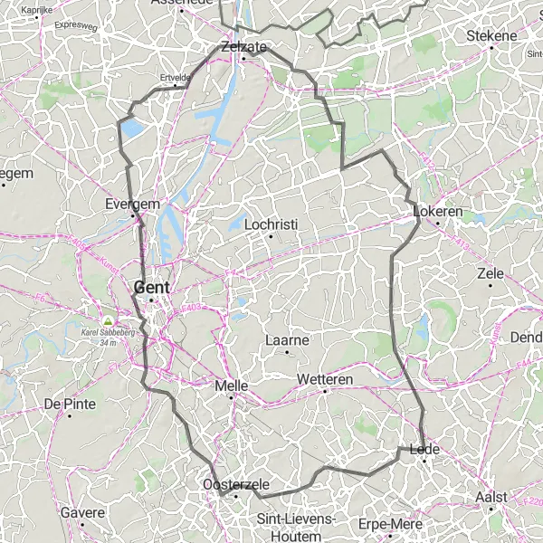 Miniatuurkaart van de fietsinspiratie "Lede - Oosterzele - Zelzate - Uitkijktoren - Heiende - Lede" in Prov. Oost-Vlaanderen, Belgium. Gemaakt door de Tarmacs.app fietsrouteplanner