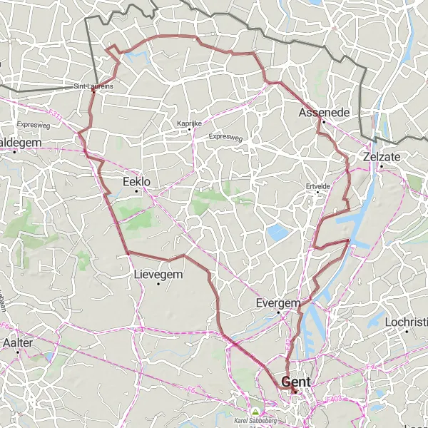 Miniatuurkaart van de fietsinspiratie "Gravelroute rond Gent en omgeving" in Prov. Oost-Vlaanderen, Belgium. Gemaakt door de Tarmacs.app fietsrouteplanner