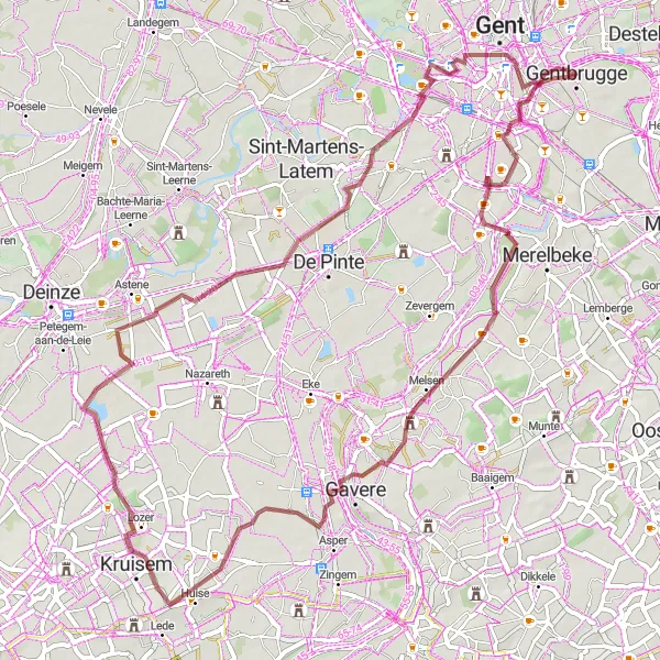 Miniatuurkaart van de fietsinspiratie "Gravelavontuur door Oost-Vlaanderen" in Prov. Oost-Vlaanderen, Belgium. Gemaakt door de Tarmacs.app fietsrouteplanner