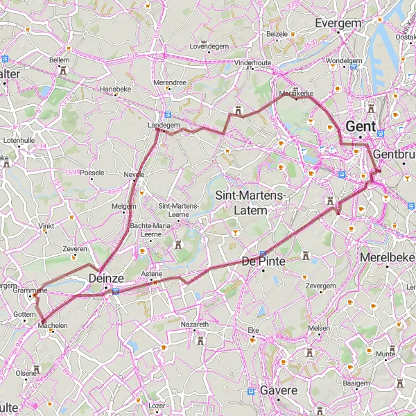 Miniature de la carte de l'inspiration cycliste "Aventure graviers à travers les environs de Ledeberg" dans la Prov. Oost-Vlaanderen, Belgium. Générée par le planificateur d'itinéraire cycliste Tarmacs.app