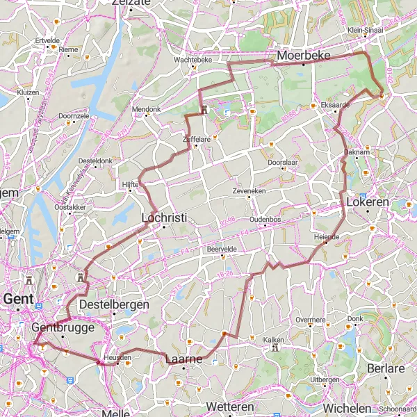 Miniatuurkaart van de fietsinspiratie "67 km graveltocht vanuit Ledeberg" in Prov. Oost-Vlaanderen, Belgium. Gemaakt door de Tarmacs.app fietsrouteplanner