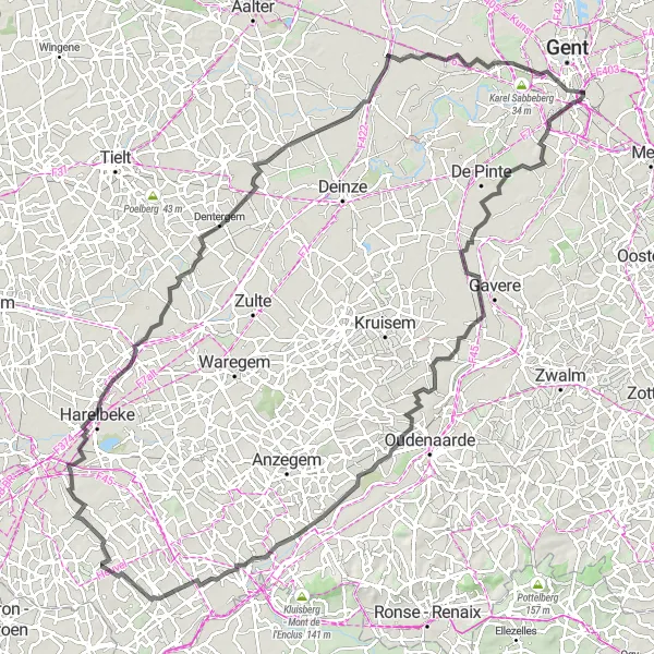 Miniature de la carte de l'inspiration cycliste "Parcours routier panoramique en Belgique" dans la Prov. Oost-Vlaanderen, Belgium. Générée par le planificateur d'itinéraire cycliste Tarmacs.app