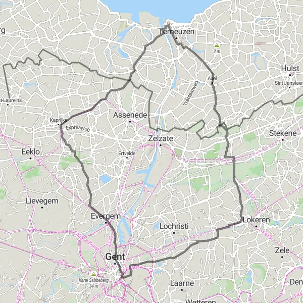 Miniatuurkaart van de fietsinspiratie "97 km roadtrip vanuit Ledeberg" in Prov. Oost-Vlaanderen, Belgium. Gemaakt door de Tarmacs.app fietsrouteplanner