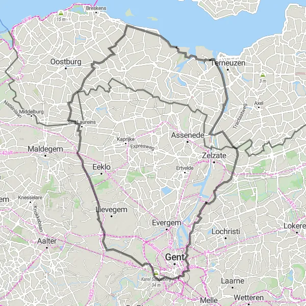 Miniatuurkaart van de fietsinspiratie "120 km rondrit vanuit Ledeberg" in Prov. Oost-Vlaanderen, Belgium. Gemaakt door de Tarmacs.app fietsrouteplanner