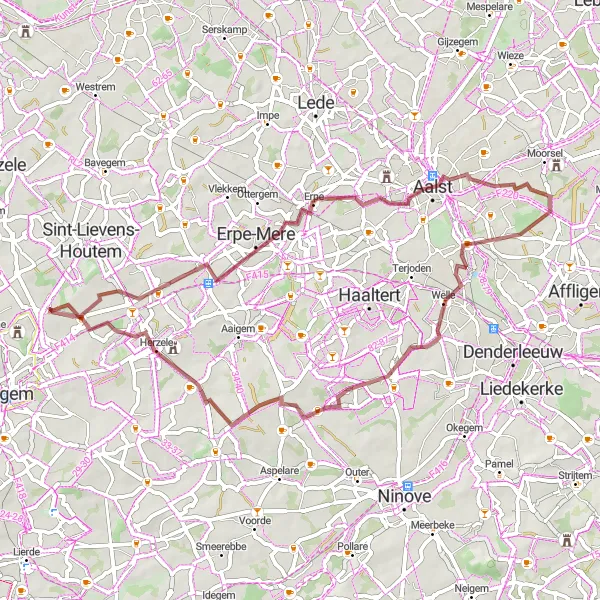 Karten-Miniaturansicht der Radinspiration "Gravelroute durch Hillegem und Woubrechtegem" in Prov. Oost-Vlaanderen, Belgium. Erstellt vom Tarmacs.app-Routenplaner für Radtouren