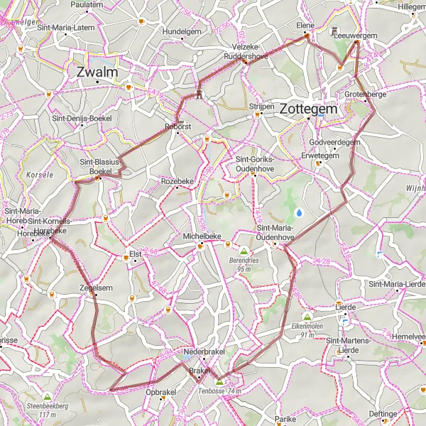 Miniature de la carte de l'inspiration cycliste "Tour des Pavés Pittoresques autour de Leeuwergem" dans la Prov. Oost-Vlaanderen, Belgium. Générée par le planificateur d'itinéraire cycliste Tarmacs.app