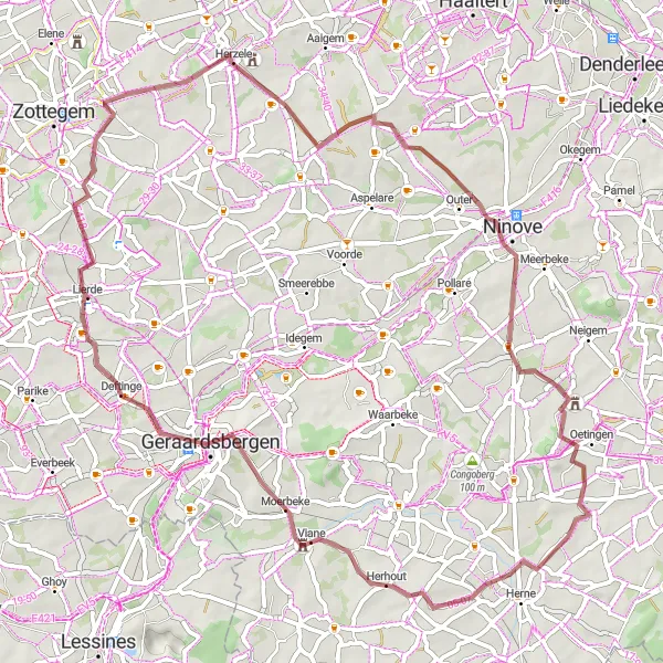 Miniature de la carte de l'inspiration cycliste "L'aventure gravel à travers les collines flamandes" dans la Prov. Oost-Vlaanderen, Belgium. Générée par le planificateur d'itinéraire cycliste Tarmacs.app