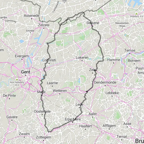 Miniature de la carte de l'inspiration cycliste "Voyage Épique à Travers l'Oost-Vlaanderen" dans la Prov. Oost-Vlaanderen, Belgium. Générée par le planificateur d'itinéraire cycliste Tarmacs.app
