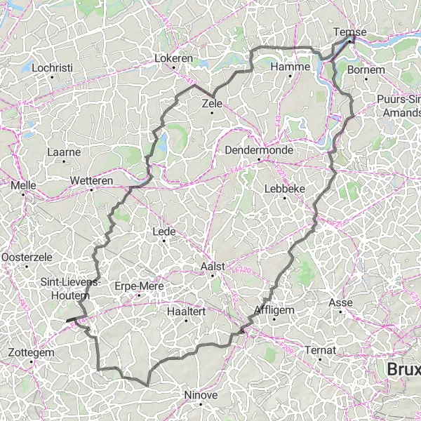 Miniatuurkaart van de fietsinspiratie "Historische tour door Oordegem en omstreken" in Prov. Oost-Vlaanderen, Belgium. Gemaakt door de Tarmacs.app fietsrouteplanner
