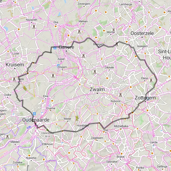 Map miniature of "Leeuwergem Castle Loop" cycling inspiration in Prov. Oost-Vlaanderen, Belgium. Generated by Tarmacs.app cycling route planner