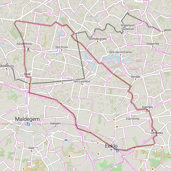 Miniatuurkaart van de fietsinspiratie "Fietstocht Balgerhoeke - Kaprijke" in Prov. Oost-Vlaanderen, Belgium. Gemaakt door de Tarmacs.app fietsrouteplanner