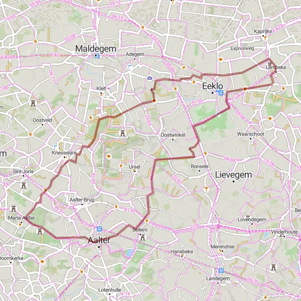 Karten-Miniaturansicht der Radinspiration "Gravelroute von Lembeke nach Kasteel van Aveschoot" in Prov. Oost-Vlaanderen, Belgium. Erstellt vom Tarmacs.app-Routenplaner für Radtouren