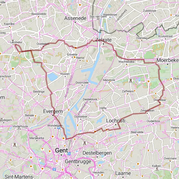 Karten-Miniaturansicht der Radinspiration "Gravelrunde von Lembeke" in Prov. Oost-Vlaanderen, Belgium. Erstellt vom Tarmacs.app-Routenplaner für Radtouren