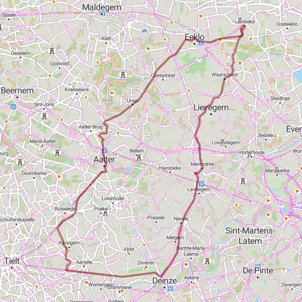 Miniature de la carte de l'inspiration cycliste "Exploration Rurale" dans la Prov. Oost-Vlaanderen, Belgium. Générée par le planificateur d'itinéraire cycliste Tarmacs.app