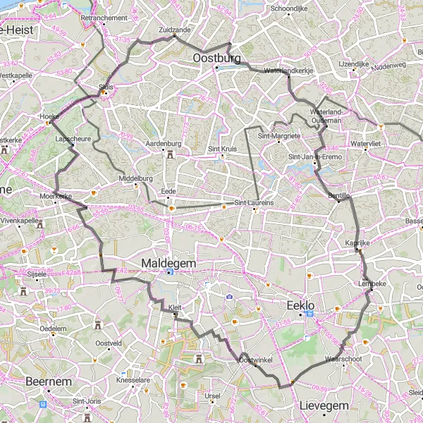 Karten-Miniaturansicht der Radinspiration "Roadbike-Strecke von Lembeke nach Lembeke" in Prov. Oost-Vlaanderen, Belgium. Erstellt vom Tarmacs.app-Routenplaner für Radtouren