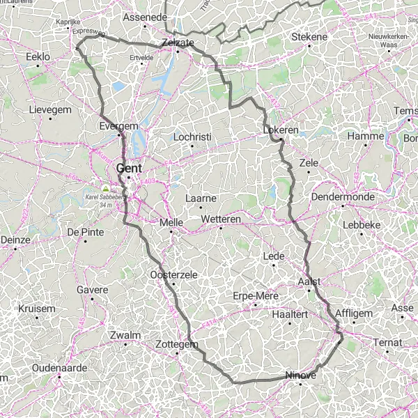 Map miniature of "East Flanders Riverside Cycling Route" cycling inspiration in Prov. Oost-Vlaanderen, Belgium. Generated by Tarmacs.app cycling route planner