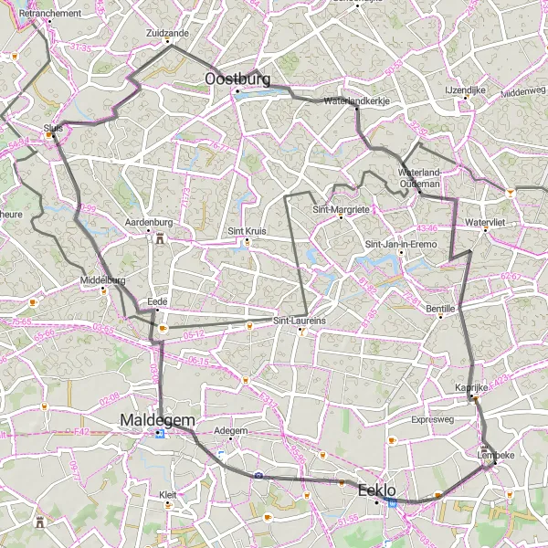 Miniature de la carte de l'inspiration cycliste "Le Tour des Ponts" dans la Prov. Oost-Vlaanderen, Belgium. Générée par le planificateur d'itinéraire cycliste Tarmacs.app