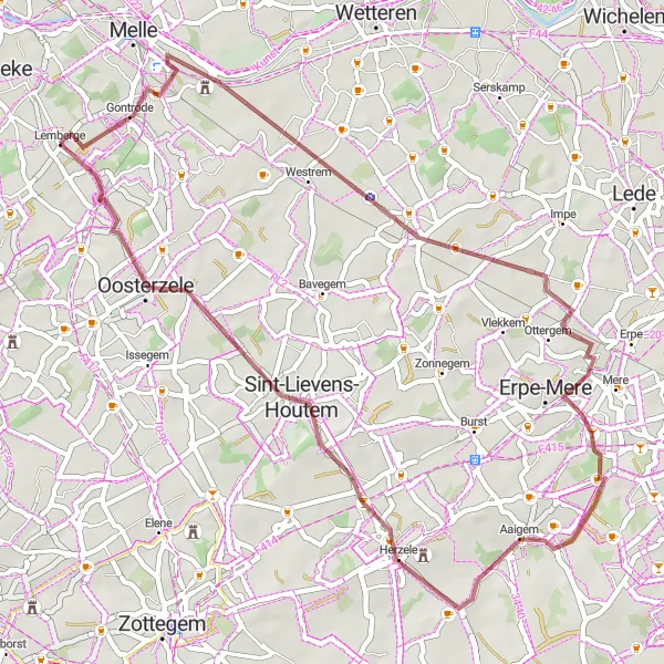 Karten-Miniaturansicht der Radinspiration "Kurzstrecke von Gontrode nach Oosterzele" in Prov. Oost-Vlaanderen, Belgium. Erstellt vom Tarmacs.app-Routenplaner für Radtouren